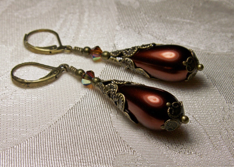 Chocolate Pearl Earrings, Victorian Pearls, Brown Pearl Drops, Gothic Teardrops, Edwardian Pearls, Antique Bronze, Titanic Temptations 12033 image 3