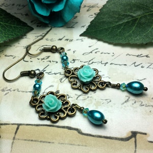 Turquoise Rose Pearl Victorian Earrings, Aqua Green Rosebud Edwardian, Teal Steampunk Dangle, Blue Zircon Bronze Gothic, Titanic Temptations