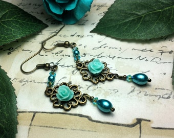 Turquoise Rose Pearl Victorian Earrings, Aqua Green Rosebud Edwardian, Teal Steampunk Dangle, Blue Zircon Bronze Gothic, Titanic Temptations