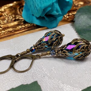 Blue Purple Victorian Earrings, Blue Zircon Gothic, Dark Aqua Steampunk, Teal Pink Edwardian, Antique Gold Bronze, Titanic Temptations 22005 image 3