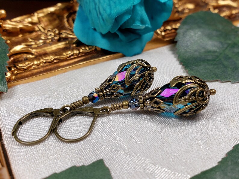 Blue Purple Victorian Earrings, Blue Zircon Gothic, Dark Aqua Steampunk, Teal Pink Edwardian, Antique Gold Bronze, Titanic Temptations 22005 image 3