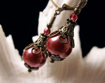 Vintage Pink Pearl Victorian Earrings, Raspberry Pink Edwardian, Dusty Pink Gothic Pearl, Antique Gold Bronze Steampunk, Titanic Temptations