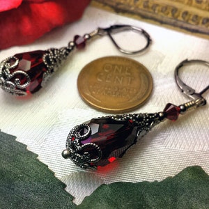 Ox Blood Red Silver Gothic Earrings, Garnet Victorian, Crimson Steampunk, Dark Red Gunmetal, Scarlet Edwardian, Titanic Temptations 15027 image 5