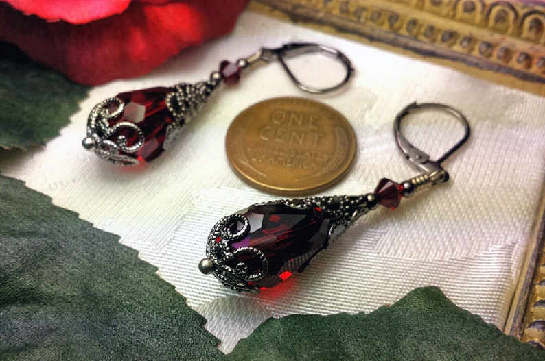 Ox Blood Red Silver Gothic Earrings, Garnet Victorian, Crimson Steampunk, Dark Red Gunmetal, Scarlet Edwardian, Titanic Temptations 15027 image 5