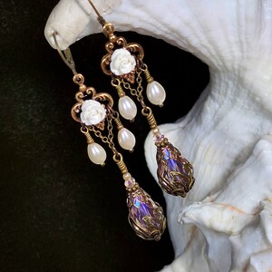 White Rose Victorian Earrings, Pink Teardrop Gothic Chandelier, Ivory Pearl Edwardian Bridal, Antique Gold Bronze, Titanic Temptations 18019 image 10