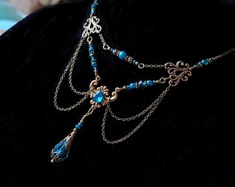 Peacock Blue Victorian Choker, Teal Green Gothic, Blue Zircon Edwardian, Dark Aqua Pearl, Antique Gold Bronze Titanic Temptations 25009