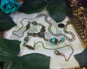 Aquamarine Sea Opal Victorian Choker, Turquoise Blue Edwardian, Aqua Opalite Green Steampunk, Antiqued Gold Bronze Titanic Temptations 17022