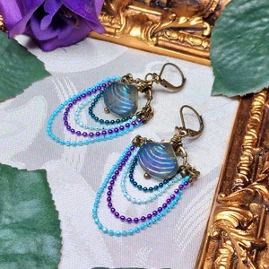 Aqua Blue Purple Victorian Earrings, Pearlized Seashell Charms Steampunk Mermaid Under the Sea Antique Gold Bronze Titanic Temptations 22006 image 3