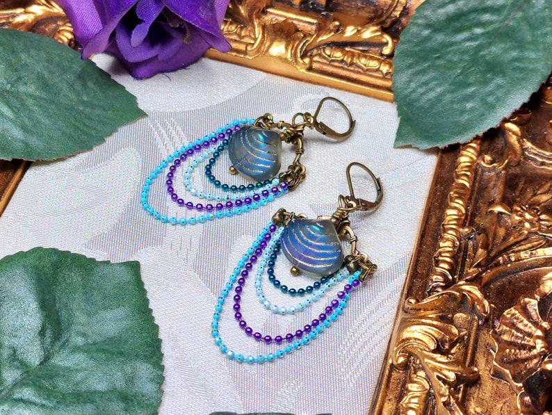 Aqua Blue Purple Victorian Earrings, Pearlized Seashell Charms Steampunk Mermaid Under the Sea Antique Gold Bronze Titanic Temptations 22006 image 3