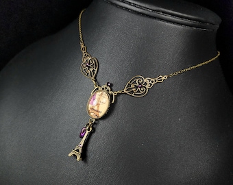Eiffel Tower Victorian Necklace, Gothic Paris, French Steampunk Charm, Purple Drop, Edwardian, Antique Gold Bronze Titanic Temptations 25005