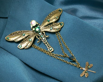 Peacock Green Bronze Dragonfly Gothic Victorian Brooch Pin, Emerald Green Dragonfly Steampunk Edwardian Brooch, Titanic Temptations Jewelry