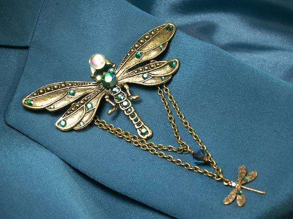 Peacock Green Bronze Dragonfly Gothic Victorian Brooch Pin, Emerald Green Dragonfly Steampunk Edwardian Brooch, Titanic Temptations Jewelry