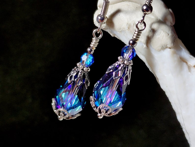 Bermuda Blue Victorian Earrings, Aqua Blue Purple Gothic Teardrop, Edwardian Bridal, Antique Silver Gunmetal, Titanic Temptations 14011 image 1