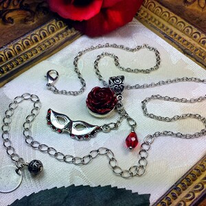 Phantom of the Opera Blood Red Rose Silver Pendant Necklace, Gothic Victorian Steampunk Garnet Rosebud Mask Charm, Titanic Temptations 16007 image 4