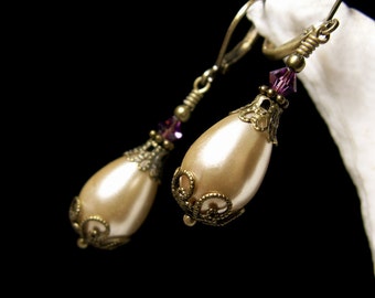 Ivory Pearl Victorian Earrings, Champagne Purple Edwardian Teardrop, Gothic Amethyst Dangle, Antique Gold Bronze, Titanic Temptations 12017