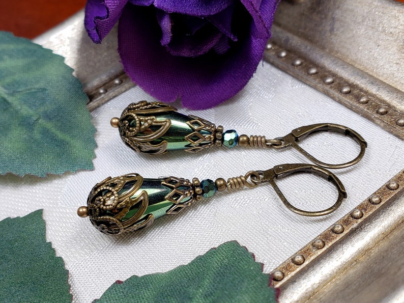 Green Teardrop Victorian Earrings, Olive Green Edwardian, Forest Green Gothic Drop, Antique Gold Bronze Steampunk, Titanic Temptations 21008 image 10