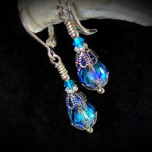 Bermuda Blue Victorian Earrings, Small Teardrop, Aqua Blue Purple Gothic, Edwardian Bridal Antique Silver Gunmetal Titanic Temptations 23003 image 1