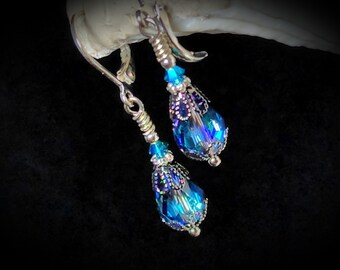 Bermuda Blue Victorian Earrings, Small Teardrop, Aqua Blue Purple Gothic, Edwardian Bridal Antique Silver Gunmetal Titanic Temptations 23003