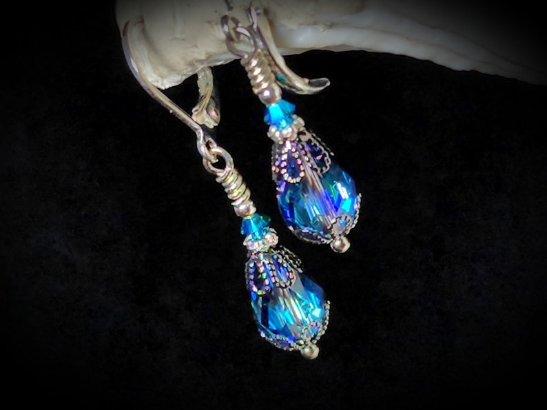 Bermuda Blue Victorian Earrings, Small Teardrop, Aqua Blue Purple Gothic, Edwardian Bridal Antique Silver Gunmetal Titanic Temptations 23003 image 1