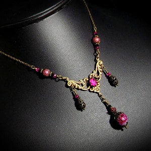 Dark Pink Rose Victorian Choker, Fuchsia Black Gothic, Hot Pink Rosebud Edwardian Bridal, Antique Gold Bronze, Titanic Temptations 22008 image 9