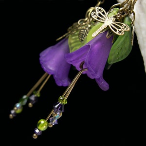 Purple Dragonfly Lily Victorian Earrings, Amethyst Flower Green Leaf Frosted Lucite Edwardian Bridal Dangle Drop Titanic Temptations 13018 image 4