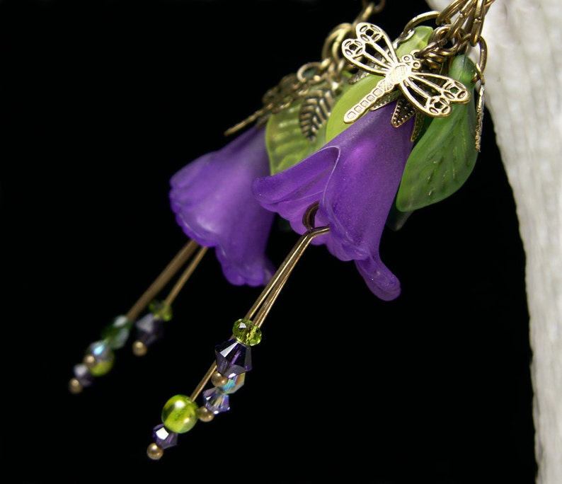 Purple Dragonfly Lily Victorian Earrings, Amethyst Flower Green Leaf Frosted Lucite Edwardian Bridal Dangle Drop Titanic Temptations 13018 image 4