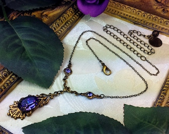 Tanzanite Victorian Pendant, Purple Gothic Necklace, Amethyst Drop, Edwardian Bridal Choker, Antiqued Gold Bronze, Titanic Temptations 15019