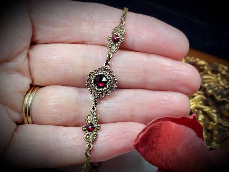 Blood Red Victorian Bracelet, Crimson Gothic, Scarlet Red Edwardian, Garnet Red Steampunk, Antiqued Gold Bronze, Titanic Temptations 22001 image 3