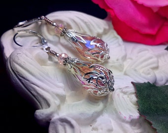 Light Pink Victorian Earrings, Ice Pink Edwardian Bridal Teardrops, Rose Pink Steampunk, Antique Silver Filigree, Titanic Temptations 16018