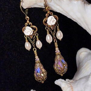 White Rose Victorian Earrings, Pink Teardrop Gothic Chandelier, Ivory Pearl Edwardian Bridal, Antique Gold Bronze, Titanic Temptations 18019 image 5