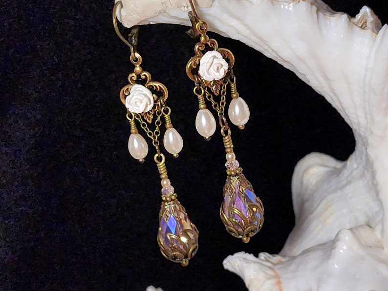White Rose Victorian Earrings, Pink Teardrop Gothic Chandelier, Ivory Pearl Edwardian Bridal, Antique Gold Bronze, Titanic Temptations 18019 image 5
