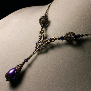 Purple Pearl Victorian Necklace, Gothic Purple Choker, Edwardian Bridal, Orchid Steampunk Drop Antique Gold Bronze Titanic Temptations 12012