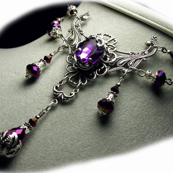 Amethyst Purple Crystal Silver Drop Necklace Steampunk Jewellery Antique Vintage Victorian Bridal Style