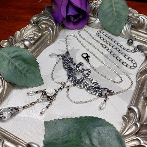 White Rose Victorian Necklace, Ribbons and Roses, Crystal Teardrop Edwardian, Gothic Gunmetal Drop, Antique Silver Titanic Temptations 21009 image 7