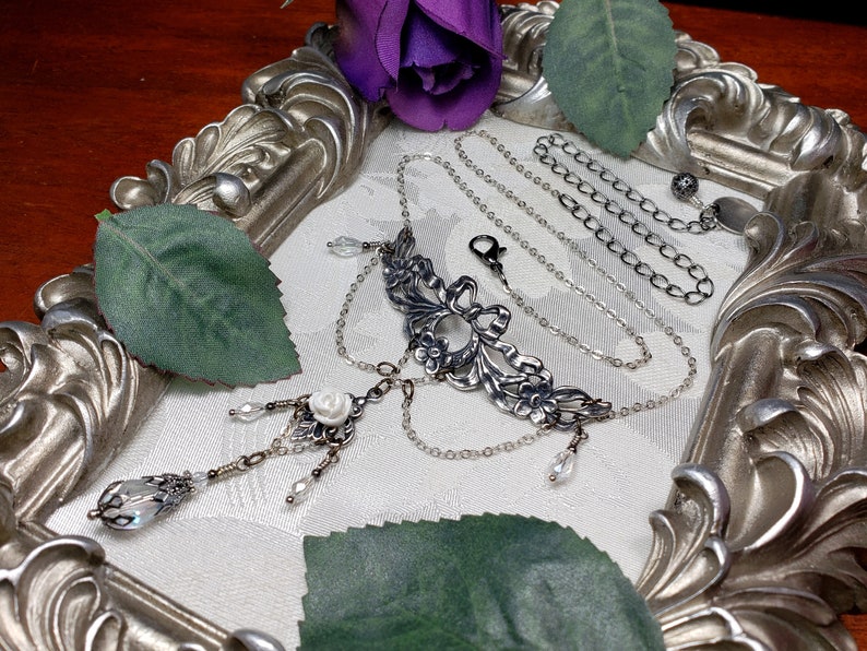 White Rose Victorian Necklace, Ribbons and Roses, Crystal Teardrop Edwardian, Gothic Gunmetal Drop, Antique Silver Titanic Temptations 21009 image 7