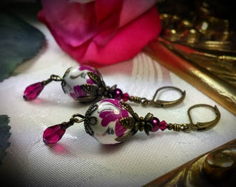 Hot Pink Flower Drop Victorian Earrings, Fuchsia Pink Edwardian Bridal Dangles, Steampunk Antique Brass Filigree Titanic Temptations Jewelry