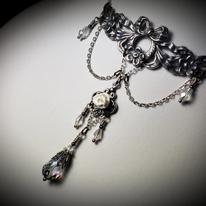 White Rose Victorian Necklace, Ribbons and Roses, Crystal Teardrop Edwardian, Gothic Gunmetal Drop, Antique Silver Titanic Temptations 21009 image 3