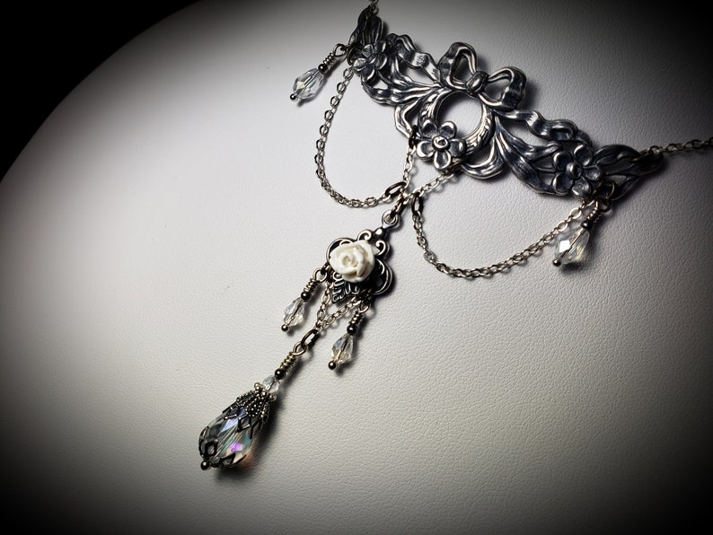 White Rose Victorian Necklace, Ribbons and Roses, Crystal Teardrop Edwardian, Gothic Gunmetal Drop, Antique Silver Titanic Temptations 21009 image 3