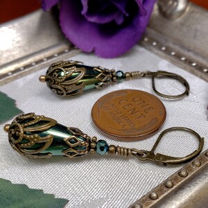 Green Teardrop Victorian Earrings, Olive Green Edwardian, Forest Green Gothic Drop, Antique Gold Bronze Steampunk, Titanic Temptations 21008 image 9