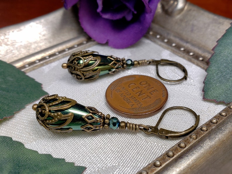 Green Teardrop Victorian Earrings, Olive Green Edwardian, Forest Green Gothic Drop, Antique Gold Bronze Steampunk, Titanic Temptations 21008 image 9