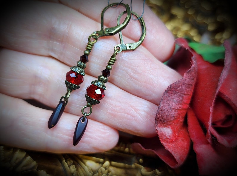 Blood Red Victorian Earrings, Crimson Gothic, Scarlet Steampunk, Dark Red Edwardian Bridal, Antique Gold Bronze, Titanic Temptations 23004 image 9