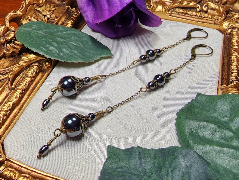 Long Silver Victorian Earrings, Manmade Hematite, Pewter Edwardian Bridal, Gothic Gunmetal, Antique Gold Bronze, Titanic Temptations 23001 image 2