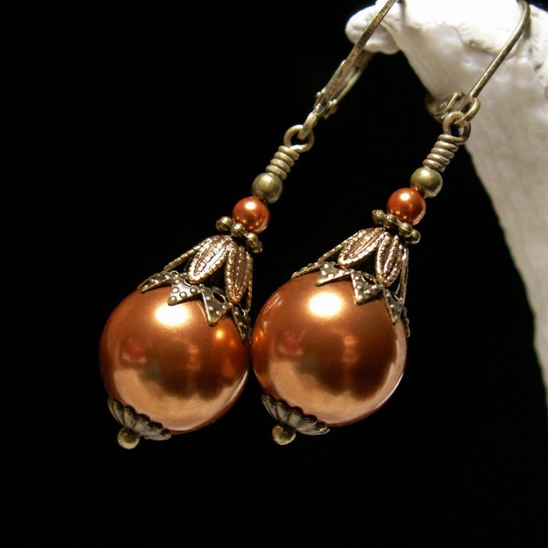 Copper Pearl Victorian Earrings, Gothic Brown Dangle, Round Crystal Pearl, Edwardian Bridal, Antique Gold Bronze, Titanic Temptations 12035