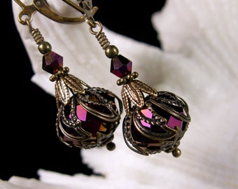 Purple Bronze Victorian Earrings, Metallic Purple Drops, Wine Red Steampunk Dangles, Burgundy Earrings, Maroon Earrings, Titanic Temptations