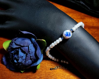 Royal Blue Rose Victorian Bracelet, Ivory White Crystal Pearl, Blue Purple Rosebud Floral Porcelain Antique Bronze Titanic Temptations 25008