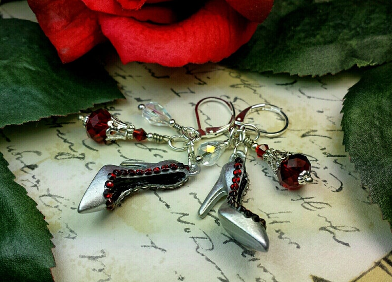 Blood Red High Heel Earrings, Stiletto Shoe Silver Charms, Hollywood Lady's Pump Shoes, Silver Shoe Dangle Drops, Titanic Temptations 17025 image 5