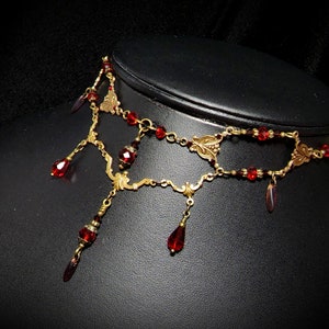 Blood Red Victorian Choker, Crimson Gothic Drop, Dark Red Edwardian Bridal, Scarlet Steampunk, Antique Gold Bronze Titanic Temptations 23004 image 5