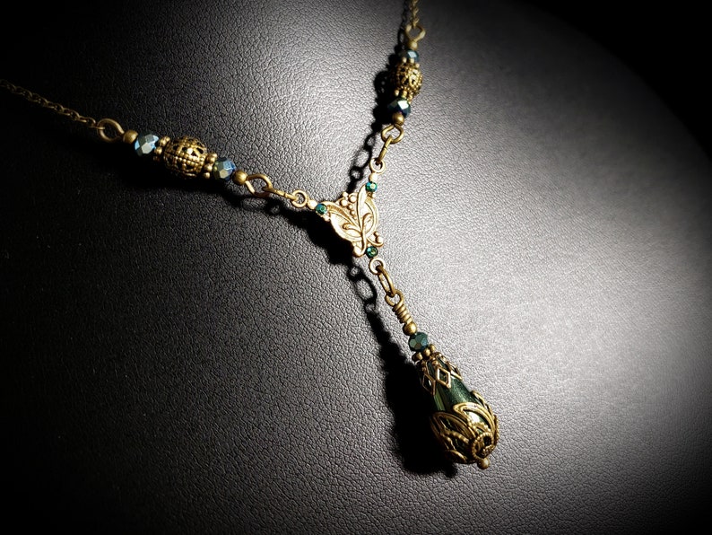 Green Metallic Victorian Necklace, Olive Green Edwardian, Forest Green Gothic Drop, Antique Gold Bronze Steampunk, Titanic Temptations 21008 image 6