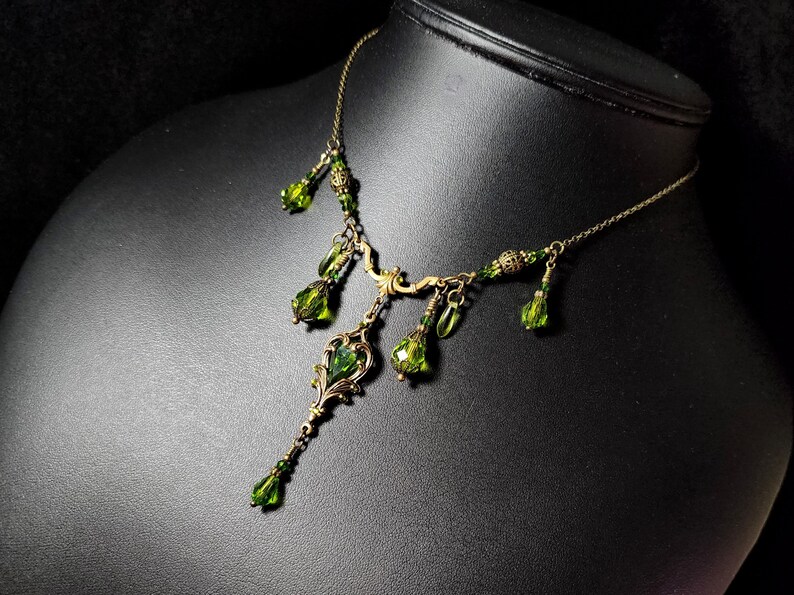 Peridot Green Victorian Choker, Gothic Heart, Lime Green Heartstone, Olivine Edwardian Bridal, Antique Gold Bronze Titanic Temptations 23005 image 6