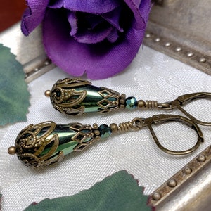 Green Teardrop Victorian Earrings, Olive Green Edwardian, Forest Green Gothic Drop, Antique Gold Bronze Steampunk, Titanic Temptations 21008 image 4